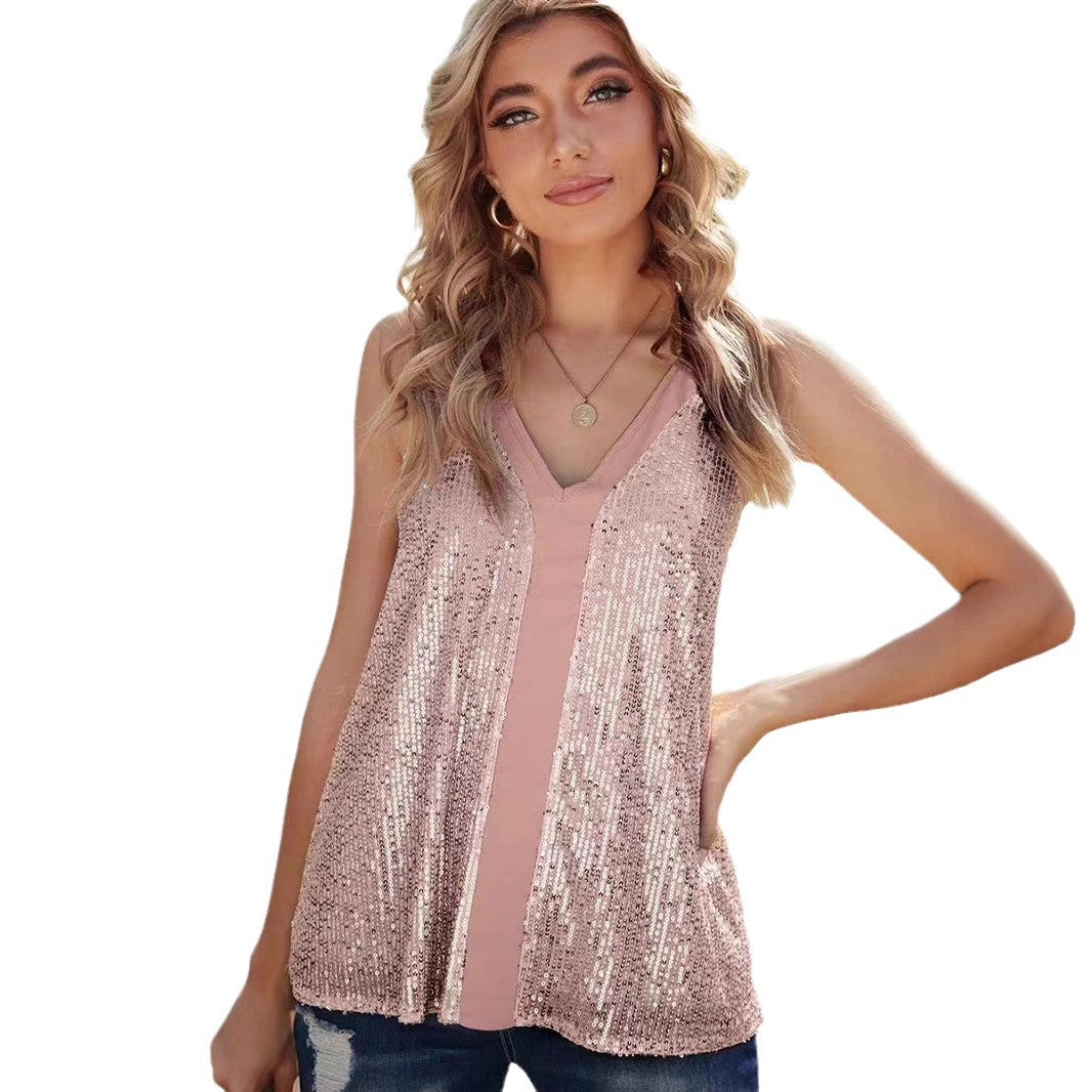 Damen Pailletten Oberteil mit V-Ausschnitt und elegantem Schnitt Heidi-Mode
