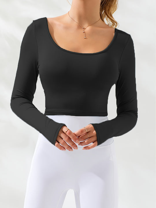 Damen figurbetontes Langarmoberteil mit Rundhalsausschnitt und Daumenlöchern Heidi-Mode