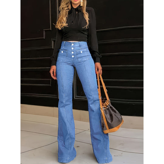Damen Hochtaillierte Bootcut-Jeans mit dekorativen Knopfdetails Heidi-Mode