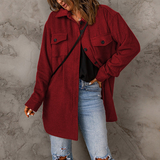 Damen vielseitige Oversize-Hemdjacke mit aufgesetzten Taschen und Knopfverschluss Heidi-Mode