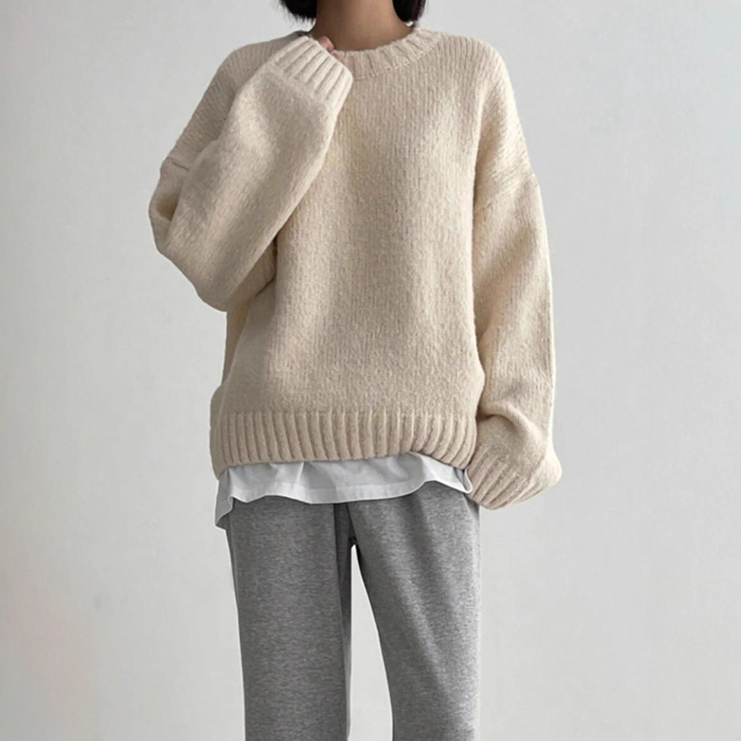 Damen Grober Strickpullover mit lässigem Schnitt und Rundhalsausschnitt Heidi-Mode