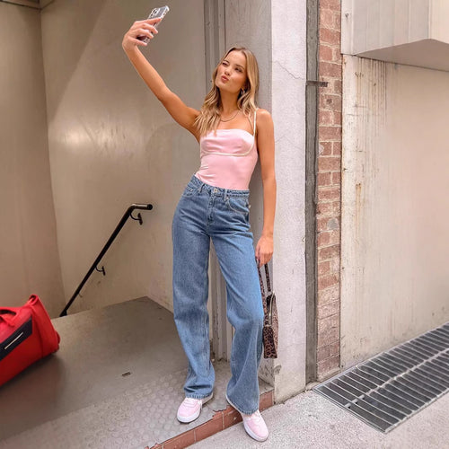 Damen Hoch taillierte Bootcut-Jeans mit weitem Bein und dehnbarer Passform Heidi-Mode