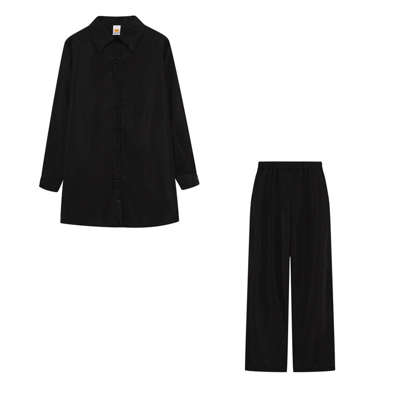 Damen Satin Pyjama Set mit langärmliger Bluse und weiten Hosen Heidi-Mode