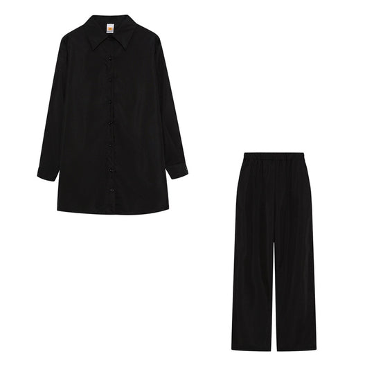 Damen Satin Pyjama Set mit langärmliger Bluse und weiten Hosen Heidi-Mode