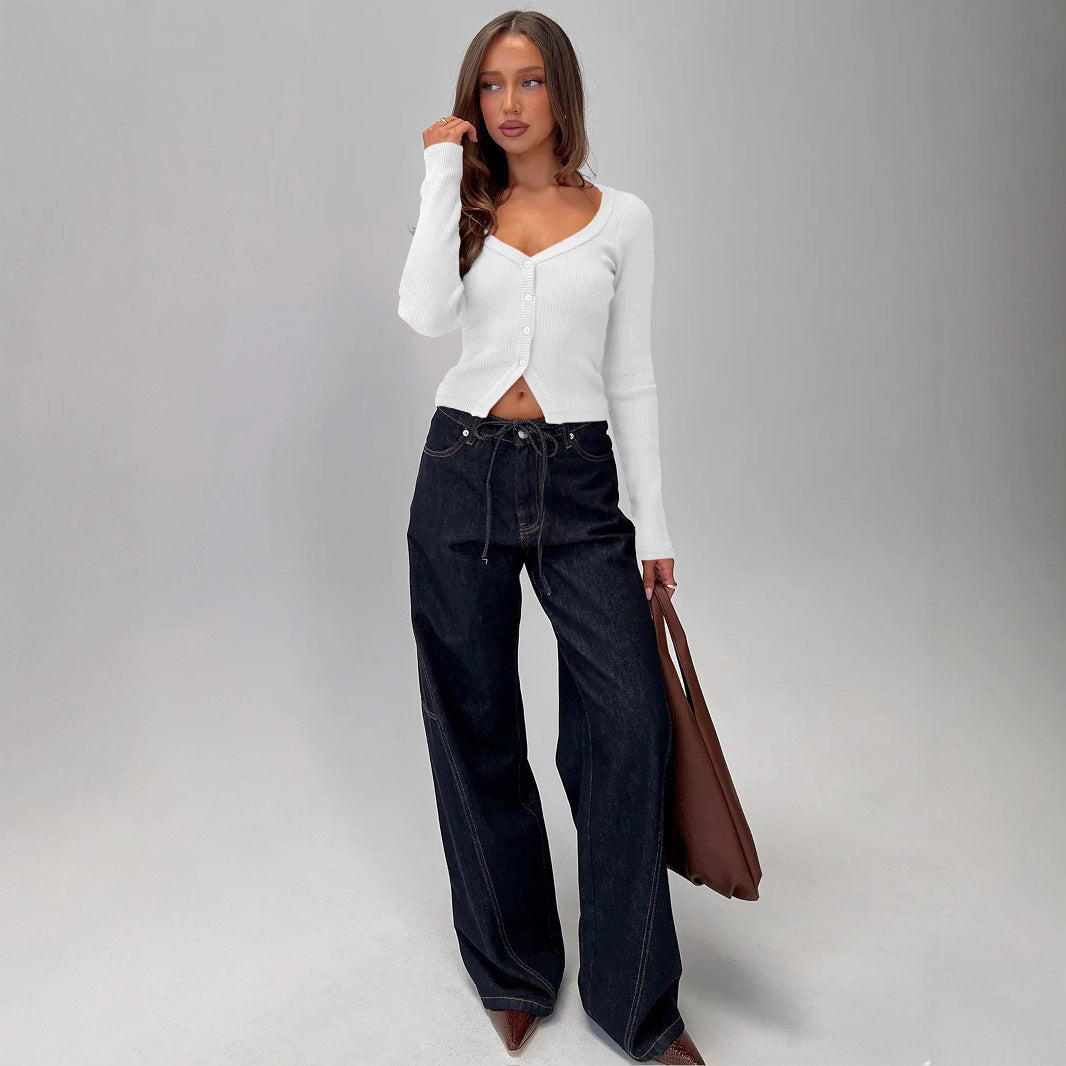 Damen Elegantes Ripp-Cardigan mit V-Ausschnitt und Knopfleiste Heidi-Mode