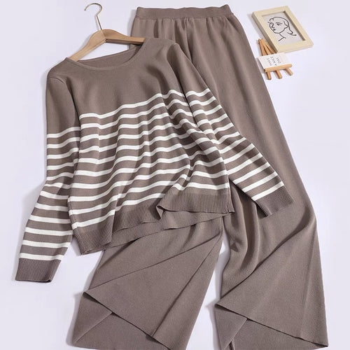Damen gemütliches Strick-Loungewear-Set mit Streifenmuster Heidi-Mode