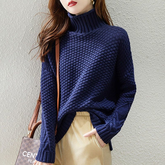 Damen Grobstrickpullover mit hohem Kragen und strukturiertem Design Heidi-Mode