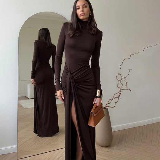 Damen Maxi-Kleid mit strukturiertem Wickeldesign und hohem Schlitz Heidi-Mode