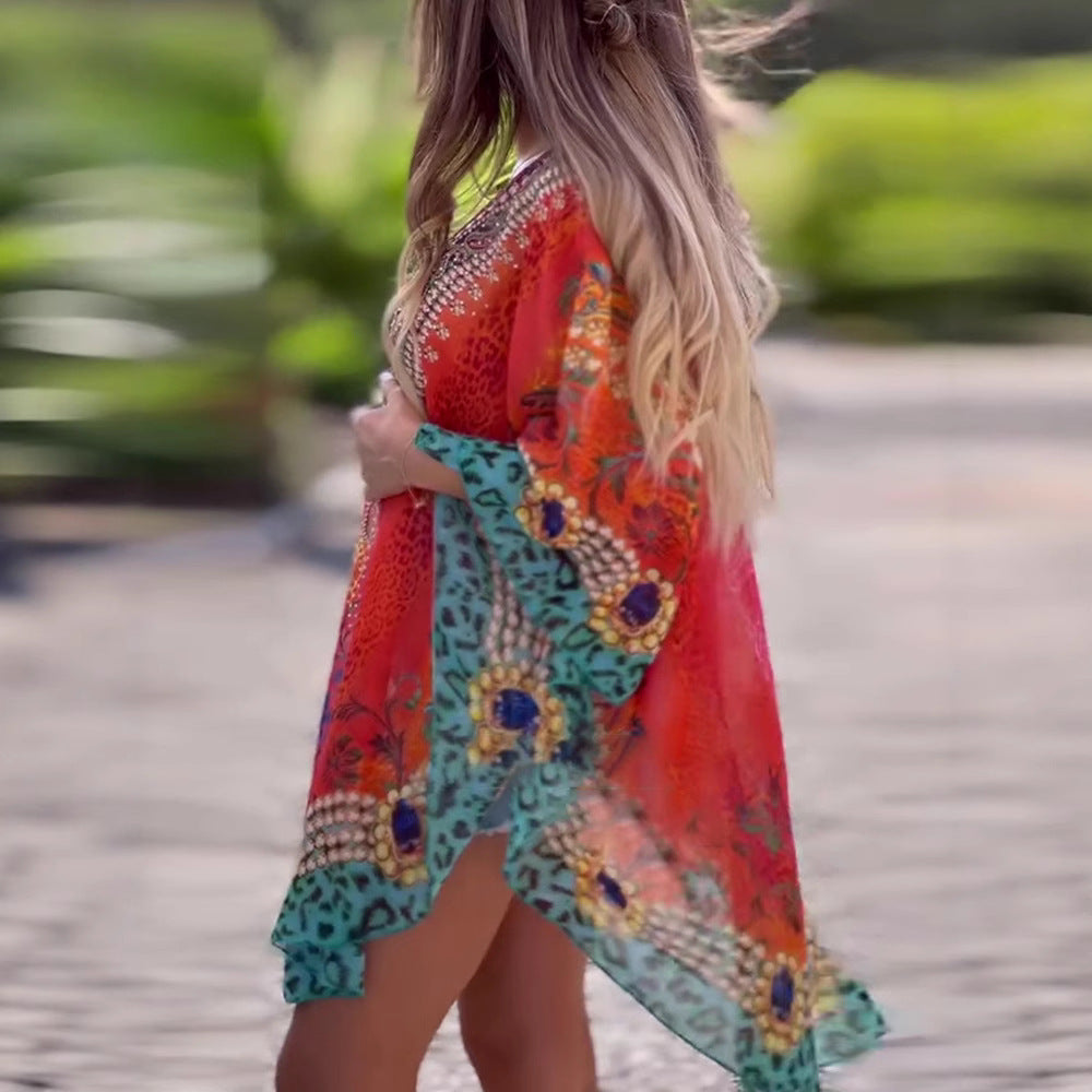 Damen Kaftan mit elegantem V-Ausschnitt und funkelndem Print Heidi-Mode
