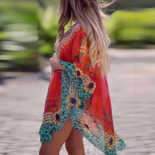 Damen Kaftan mit elegantem V-Ausschnitt und funkelndem Print Heidi-Mode