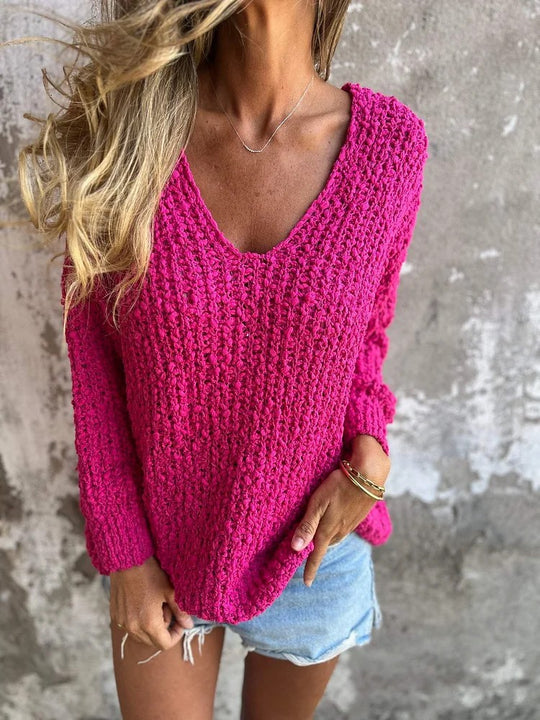 Damen Bequemes V-Ausschnitt Sweatshirt mit Struktur und langen Ärmeln Heidi-Mode