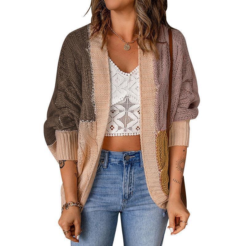 Damen lässige Strickjacke mit buntem Patchwork-Design und weitem Schnitt Heidi-Mode