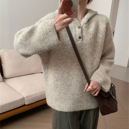 Damen bequemer Strickpullover mit Knopfleiste und Kapuze Heidi-Mode