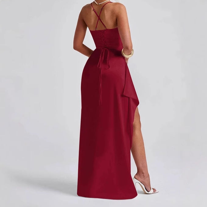 Damen Elegantes Maxikleid mit seitlichem Schlitz und raffinierten Spaghetti-Trägern Heidi-Mode