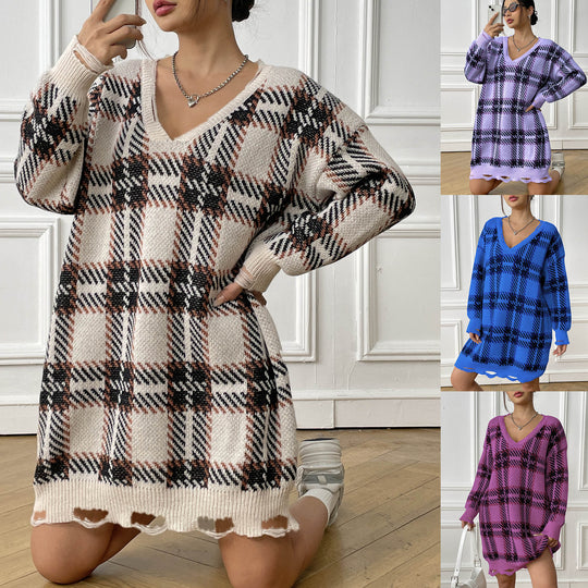 Damen V-Ausschnitt Pulloverkleid mit kariertem Muster und lässigem Schnitt Heidi-Mode