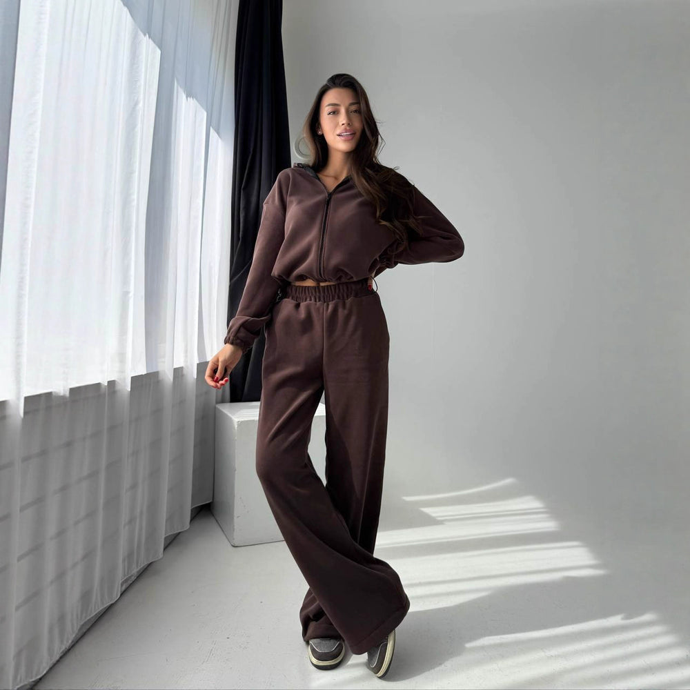 Damen komfortables Fleece-Lounge-Set mit hohem Bund Heidi-Mode