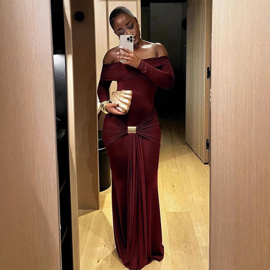 Damen Elegantes Off-Shoulder Maxikleid mit Raffungen Heidi-Mode