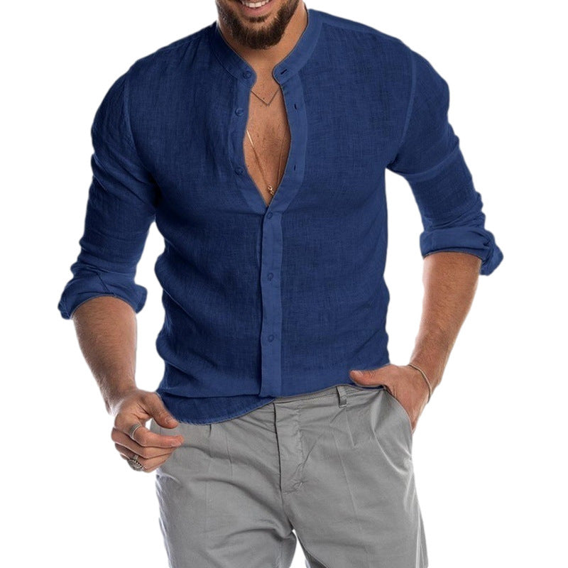 Herren Leinenhemd mit modernem Henley-Ausschnitt und Struktur Heidi-Mode