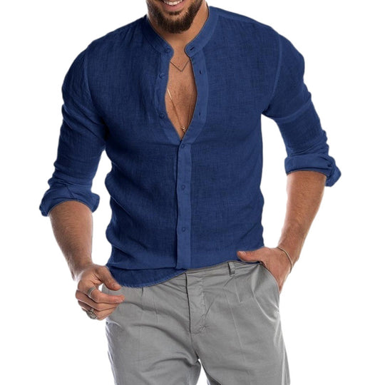 Herren Leinenhemd mit modernem Henley-Ausschnitt und Struktur Heidi-Mode