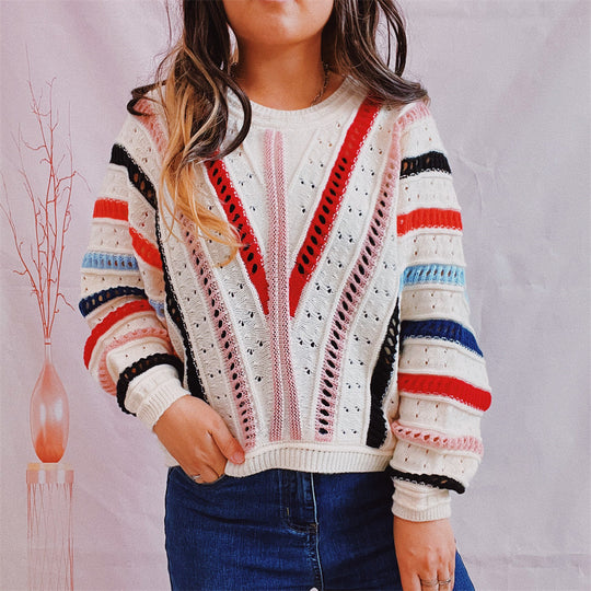 Damen lässiger Strickpullover mit modernem Farbverlauf und einzigartiger Lochstruktur Heidi-Mode