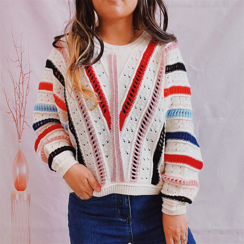 Damen lässiger Strickpullover mit modernem Farbverlauf und einzigartiger Lochstruktur Heidi-Mode
