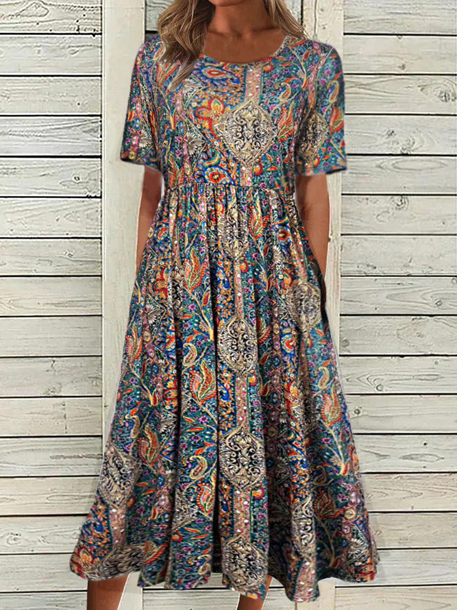 Heidi Mode | Rundhalsausschnitt Kurzarm Bohemian Print Kleid Frauen