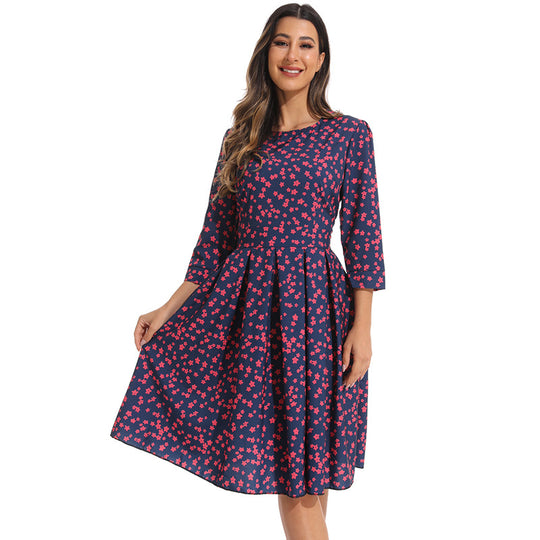 Damen elegantes Midikleid mit floralem Muster und schwingendem Rock Heidi-Mode