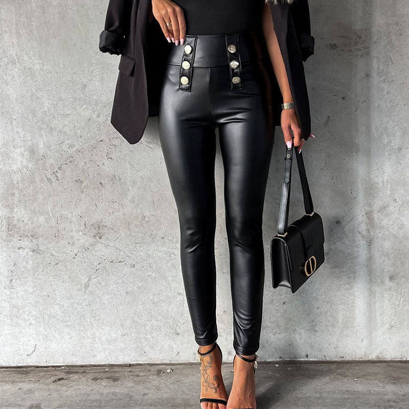 Damen imitat Leggings mit glänzender Oberfläche und dekorativen Knöpfen Heidi-Mode