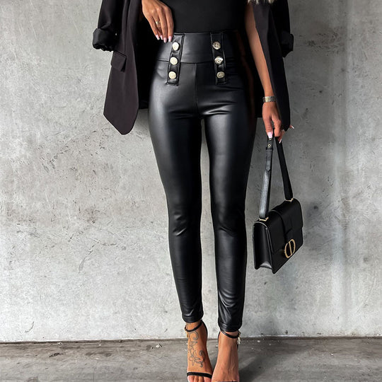 Damen imitat Leggings mit glänzender Oberfläche und dekorativen Knöpfen Heidi-Mode