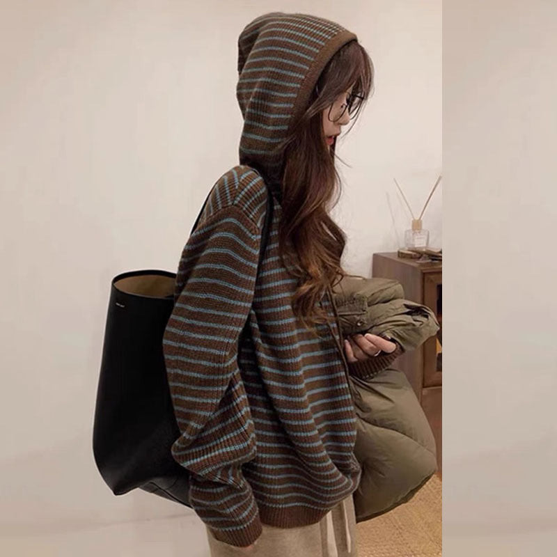 Damen Gemütlicher Kapuzenpullover mit Streifenmuster Heidi-Mode