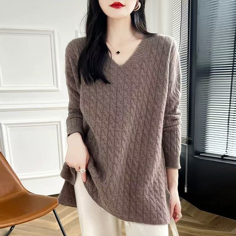 Damen Grobstrickpullover mit V-Ausschnitt und lässigem Schnitt Heidi-Mode