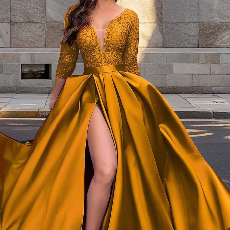 Damen Elegantes Abendkleid mit tiefem V-Ausschnitt und seitlichem Schlitz Heidi-Mode