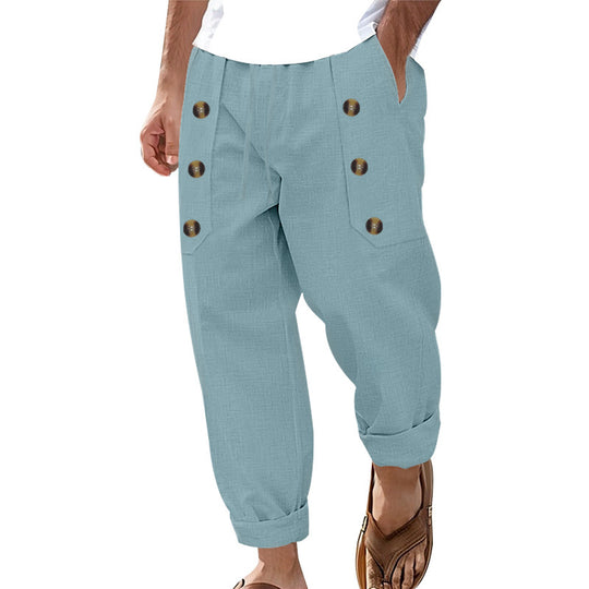 Herren Bequeme Leinenhose mit seitlichen Knöpfen und elastischem Bund Heidi-Mode