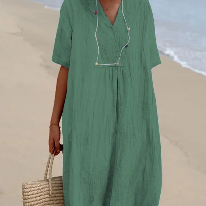 Damen lässiges Midi-Kleid mit V-Ausschnitt und bequemen Kurzärmeln Heidi-Mode