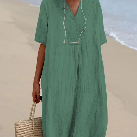 Damen lässiges Midi-Kleid mit V-Ausschnitt und bequemen Kurzärmeln Heidi-Mode