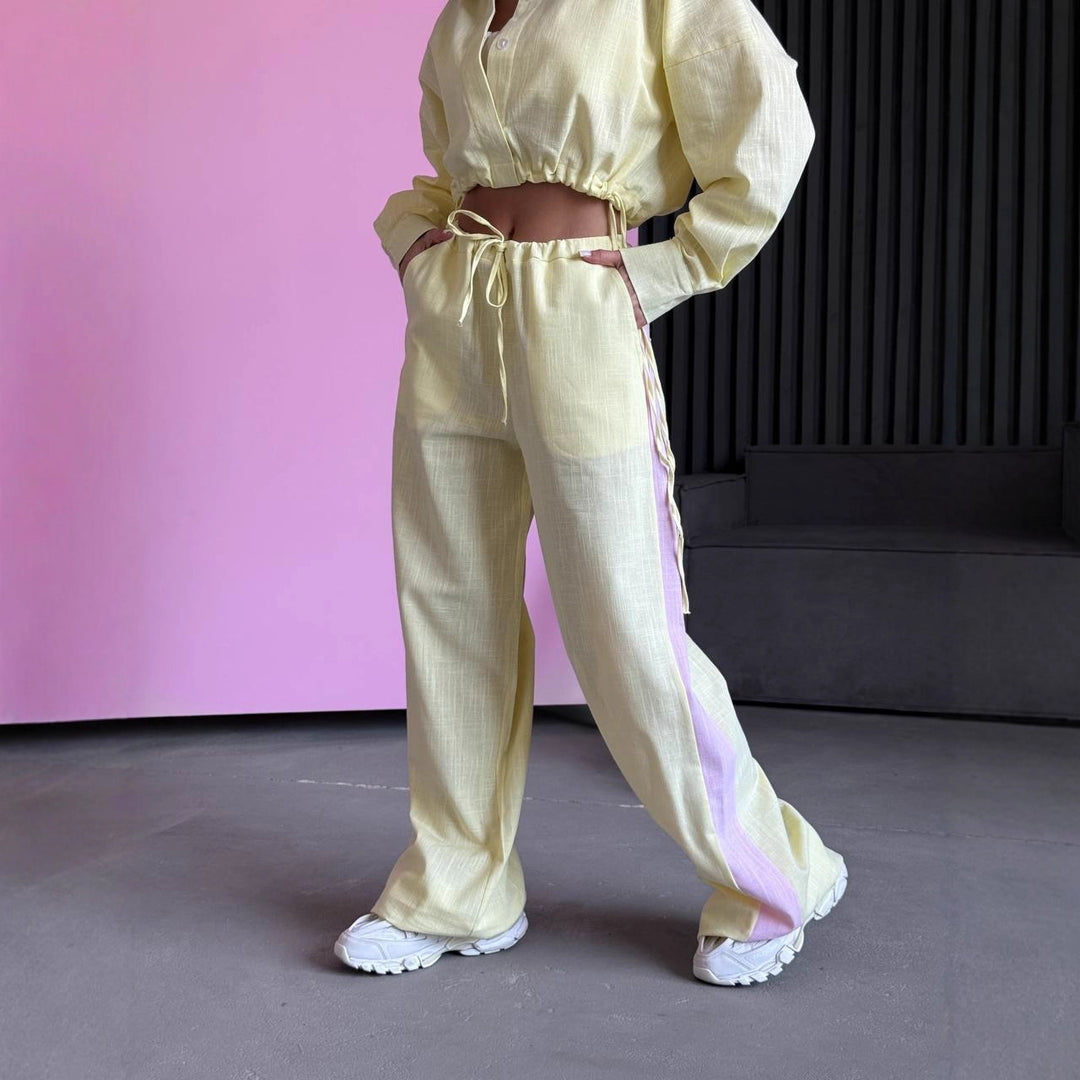 Damen luftiges Loungewear-Set mit Kordelzug und durchgehender Knopfleiste Heidi-Mode
