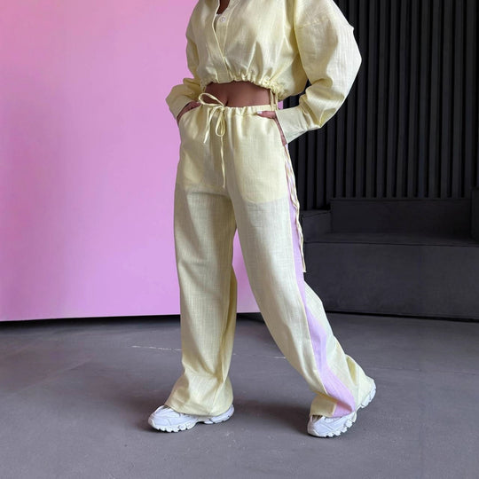 Damen luftiges Loungewear-Set mit Kordelzug und durchgehender Knopfleiste Heidi-Mode