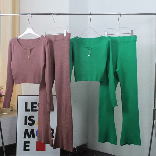 Damen lässiges Strick-Loungewear-Set mit Knopfdetails und weitem Bein Heidi-Mode