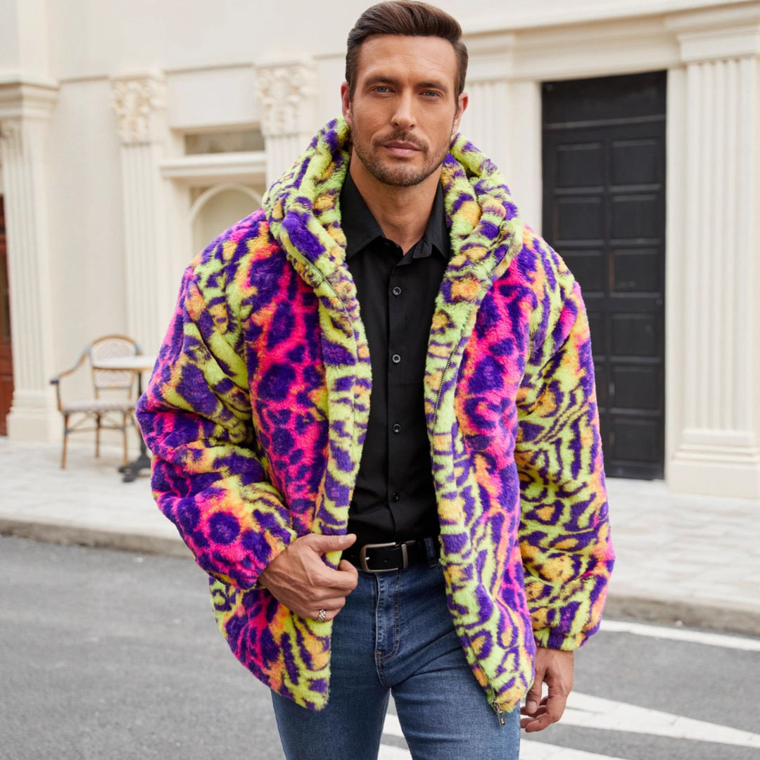 Herren Plüschjacke mit auffälligem Tierprint und Kapuze Heidi-Mode