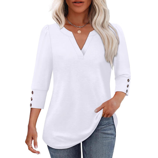 Damen V-Ausschnitt Bluse mit dekorativen Knopfdetails Heidi-Mode