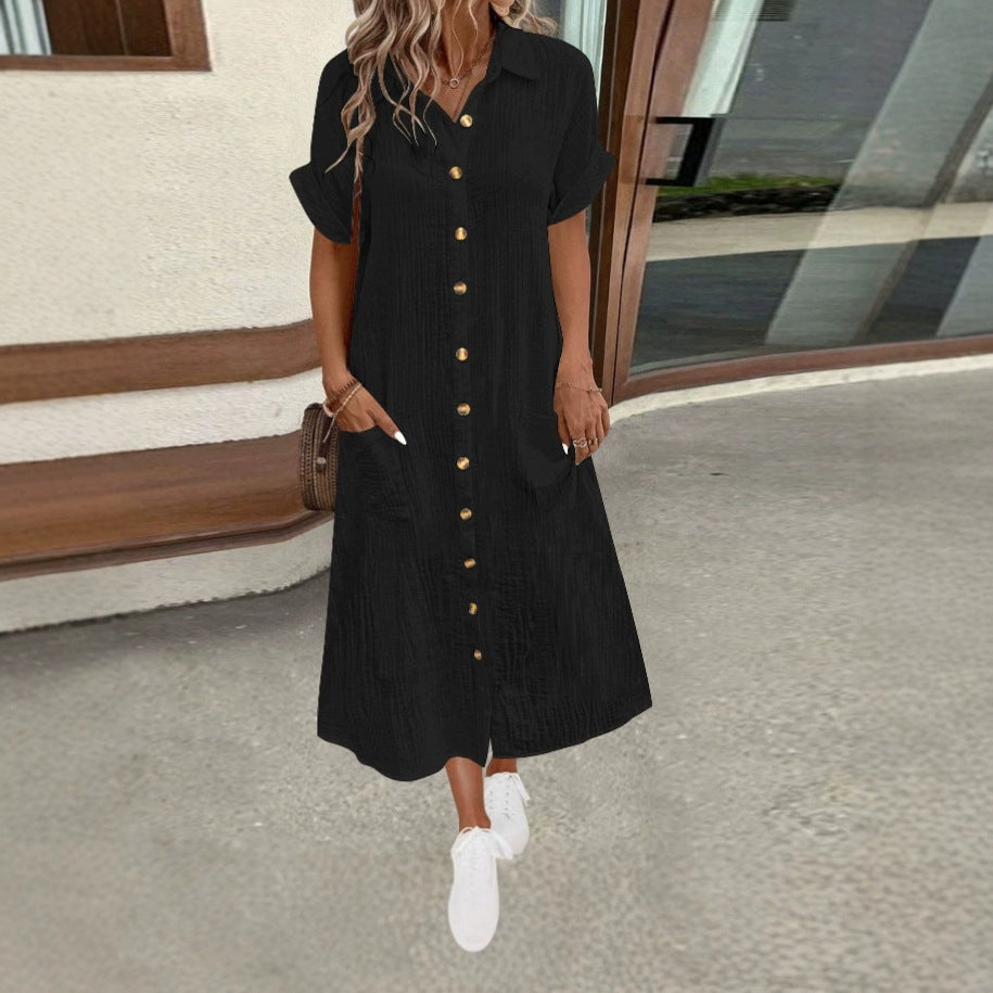 Damen lässiges Kurzarm-Hemdblusenkleid mit Knopfdetail und praktischen Taschen Heidi-Mode