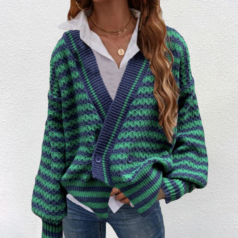 Damen Grobstrick Cardigan mit V-Ausschnitt und modernen Streifen Heidi-Mode