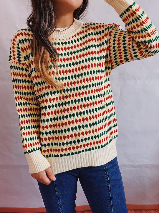 Damen lässiger Strickpullover mit buntem Rautenmuster und Rundhalsausschnitt Heidi-Mode