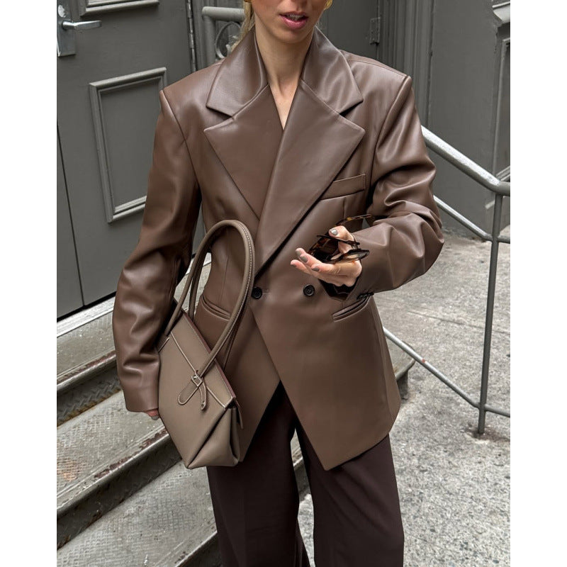 Damen Oversized Blazer aus hochwertigem Kunstleder mit doppelter Knopfverschluss Heidi-Mode
