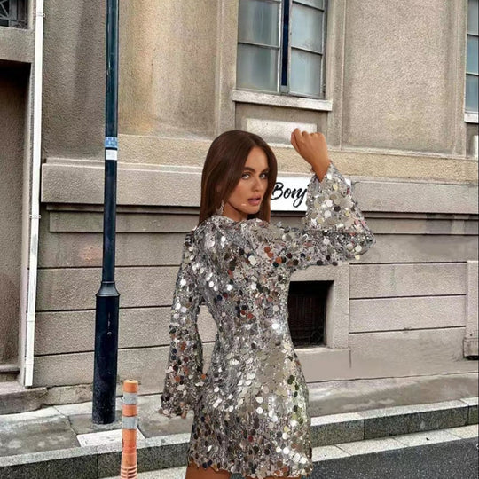 Damen Funkelndes Pailletten Cocktailkleid mit ausgestellten Ärmeln Heidi-Mode