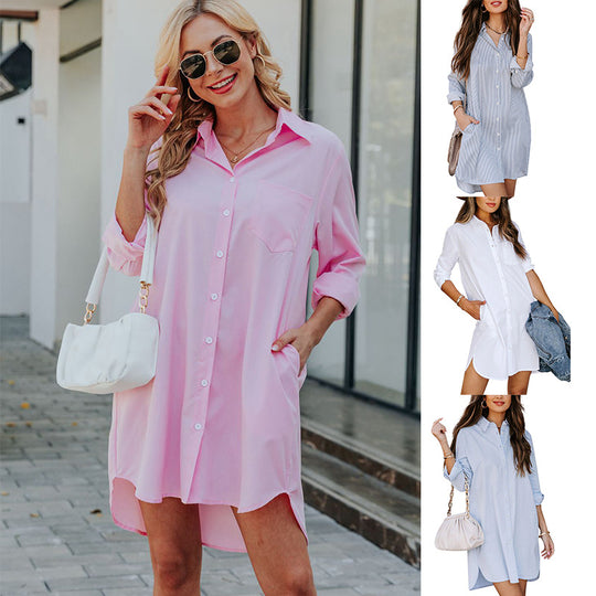 Damen Hemdblusenkleid mit praktischen Taschen und abgerundetem Saum Heidi-Mode