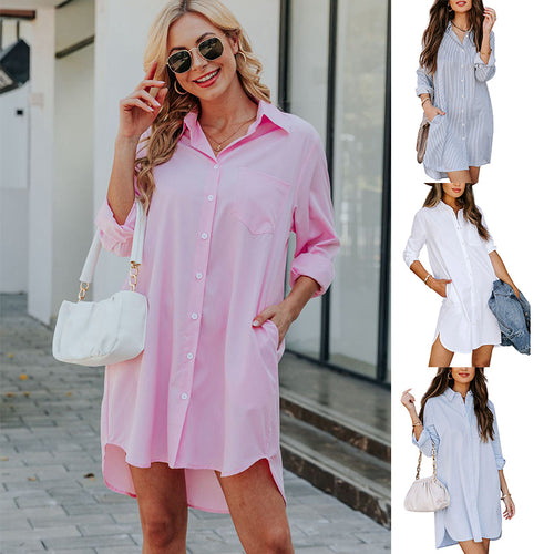 Damen Hemdblusenkleid mit praktischen Taschen und abgerundetem Saum Heidi-Mode