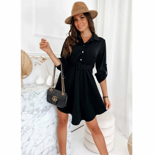 Damen Knielanges Hemdblusenkleid mit Taillengürtel und eleganten Details Heidi-Mode