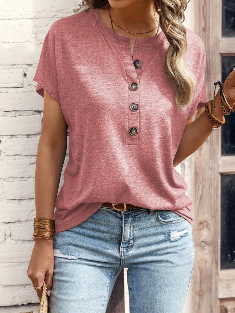 Damen Kurzarm Blusenshirt mit Knopfleiste und legerem Schnitt Heidi-Mode