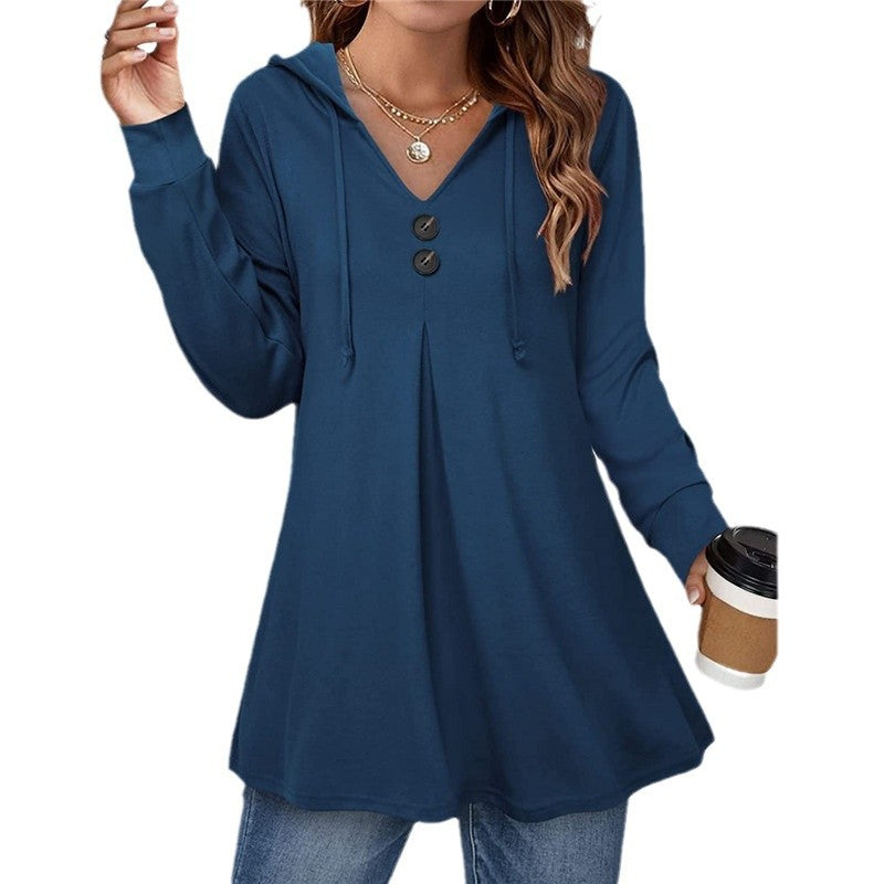 Damen Kapuzenpullover mit V-Ausschnitt und dekorativen Knöpfen Heidi-Mode